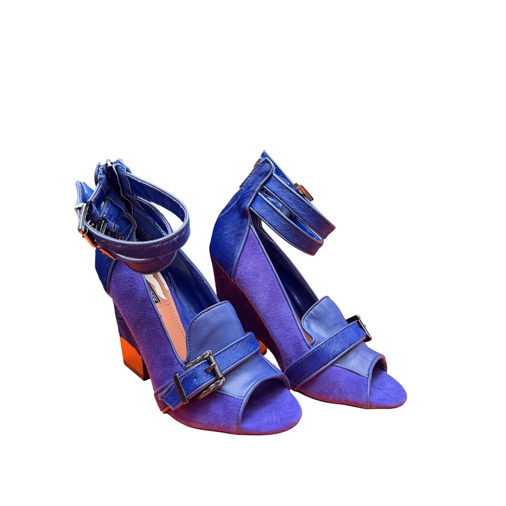 June Ambrose Blue Purple Horsehair Suede Wedge Sandals Size 6.5 Peep Toe Buckle